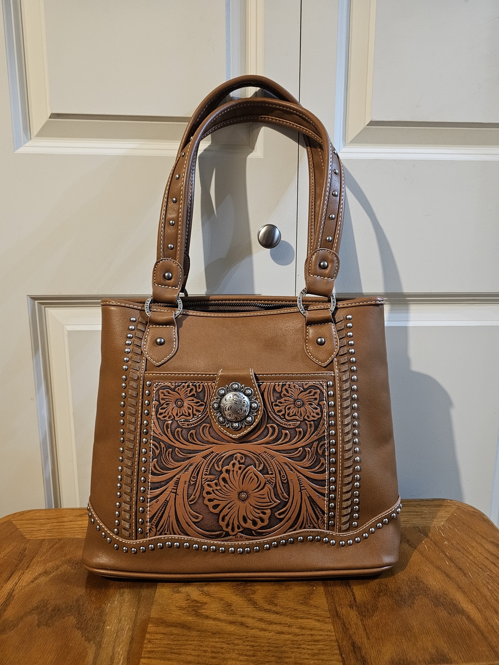 Tan Floral Leather Tooled Hand Bag with Concho Accent